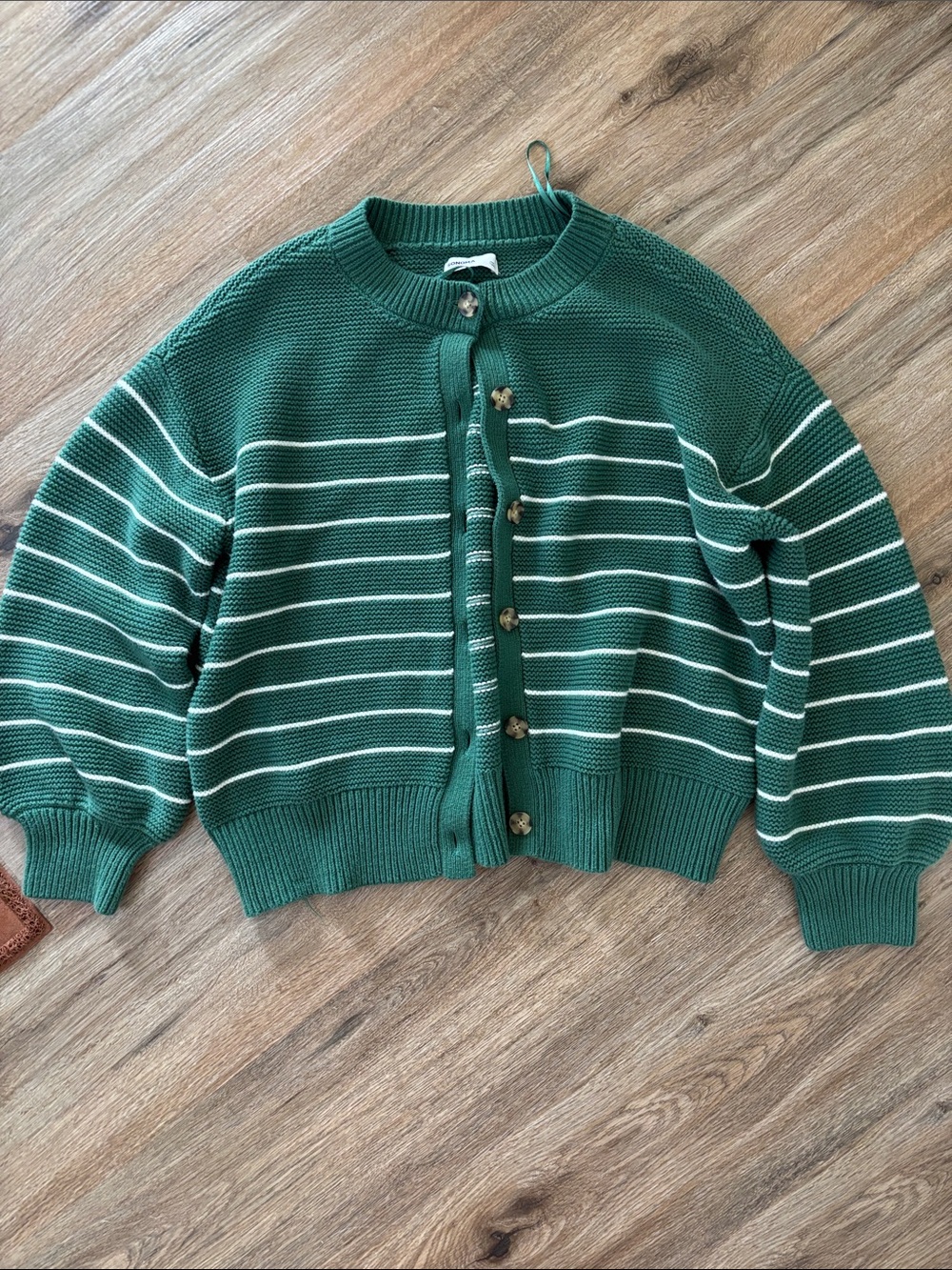 Green and White Striped Button-Up Knit Cardigan